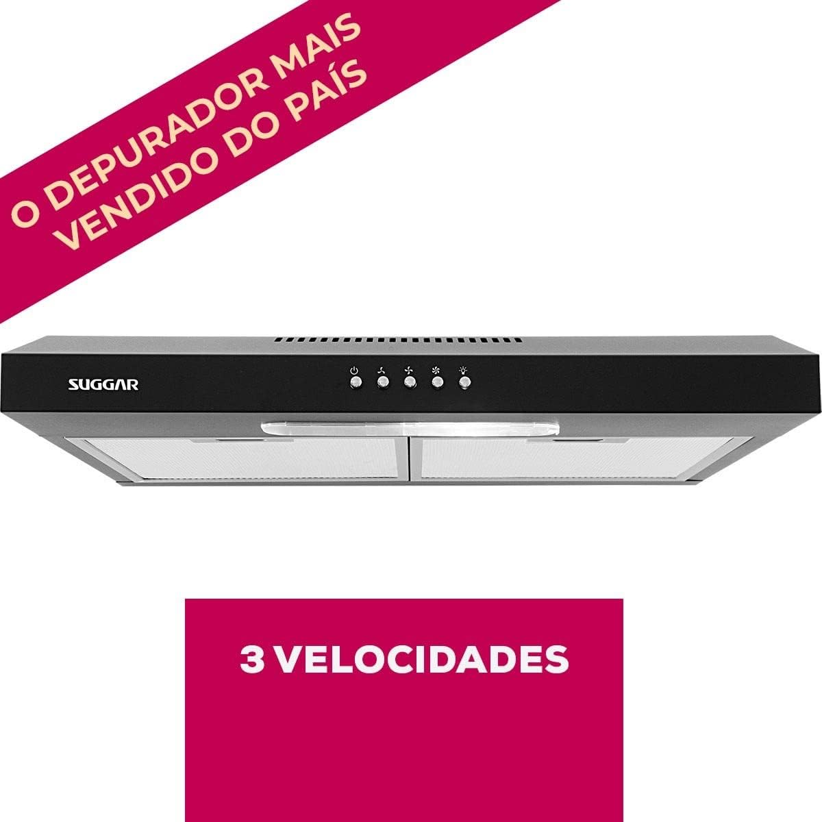 Depurador de Ar Suggar Slim 60cm Preto 110V DPS161PT – 3 Velocidades com Dupla Filtragem